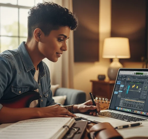 Songwriter using virtual guitar on laptop for composition.