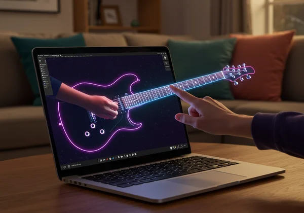 User playing virtual guitar on a screen, showing ease of use