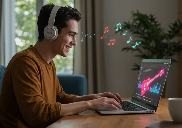 Person happily playing virtual guitar on computer, no instrument needed