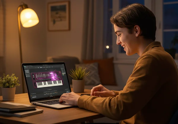 Person learning guitar on a virtual online simulator.
