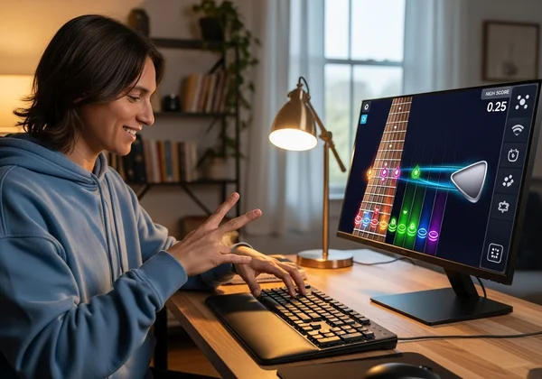 Person playing virtual guitar on computer keyboard