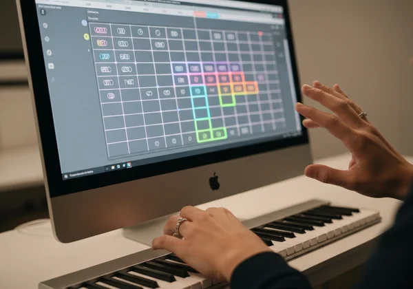 パソコンでバーチャルギターを演奏し、ポップソングを制作する人