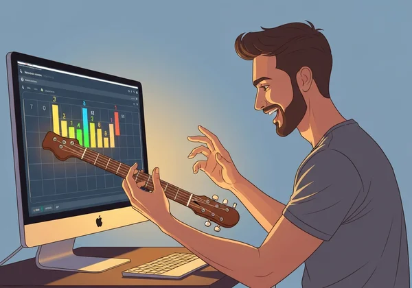شخص يتعلم نظرية الجيتار على لوحة أوتار افتراضية