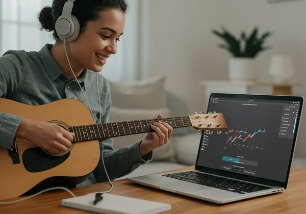 사용자가 최신 온라인 플랫폼에서 가상 기타를 연주하는 모습