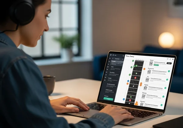 가상 프렛보드에서 기타 이론을 배우는 사용자