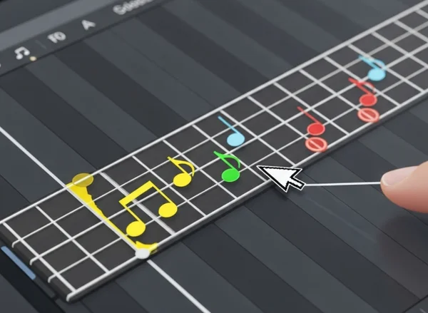Close-up of virtual guitar interface showing melody creation.