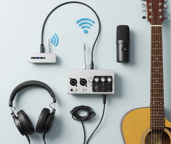 อุปกรณ์ที่จำเป็นสำหรับ online guitar jam: interface, headphones