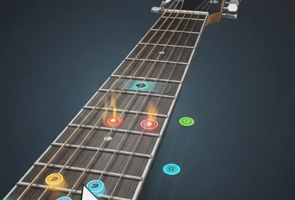 لقطة شاشة لواجهة لوحة الأصابع للجيتار الافتراضي على VirtualGuitar.org.