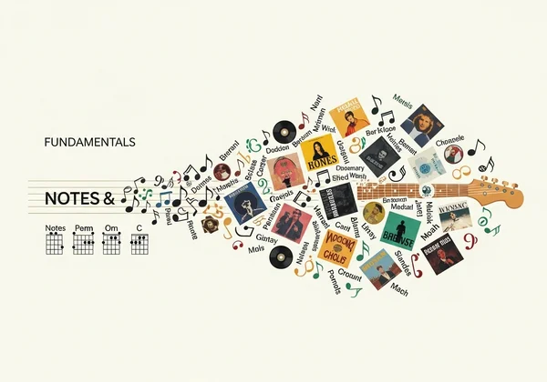 Musical notes and guitar chords flowing into popular songs
