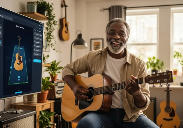 Happy person learning guitar easily using an online platform