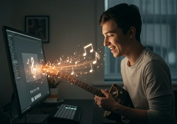 User successfully playing first song on virtual guitar