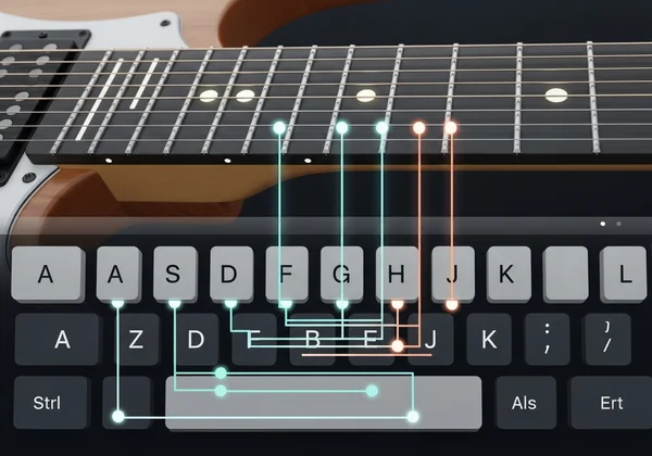 Ảnh chụp màn hình đàn guitar ảo với ánh xạ bàn phím