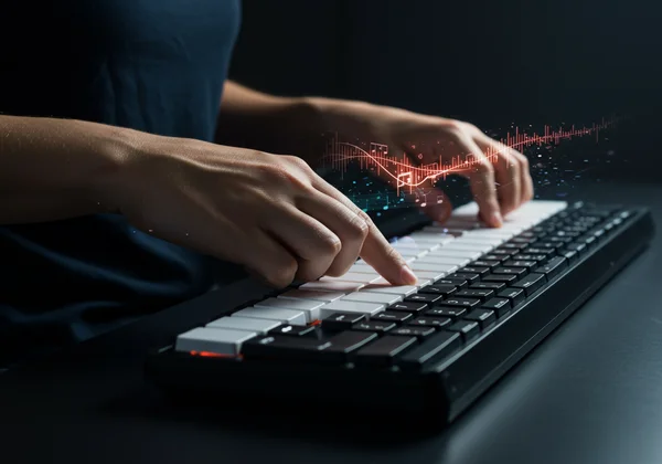 Hands playing easy rock riffs on a virtual guitar keyboard