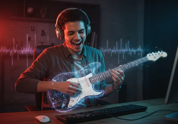 Person enthusiastically playing virtual guitar like a rockstar