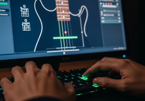 Hands on keyboard playing virtual guitar strumming pattern
