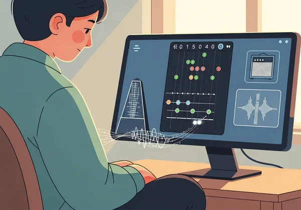 Person practicing virtual guitar slowly and patiently