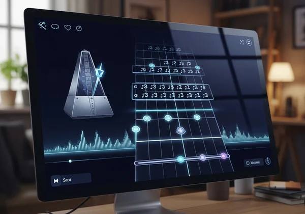 Virtual guitar interface showing rhythm practice cues