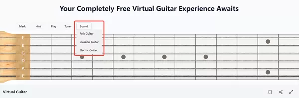 Seleção de tom de guitarra virtual com opções acústica, elétrica e clássica